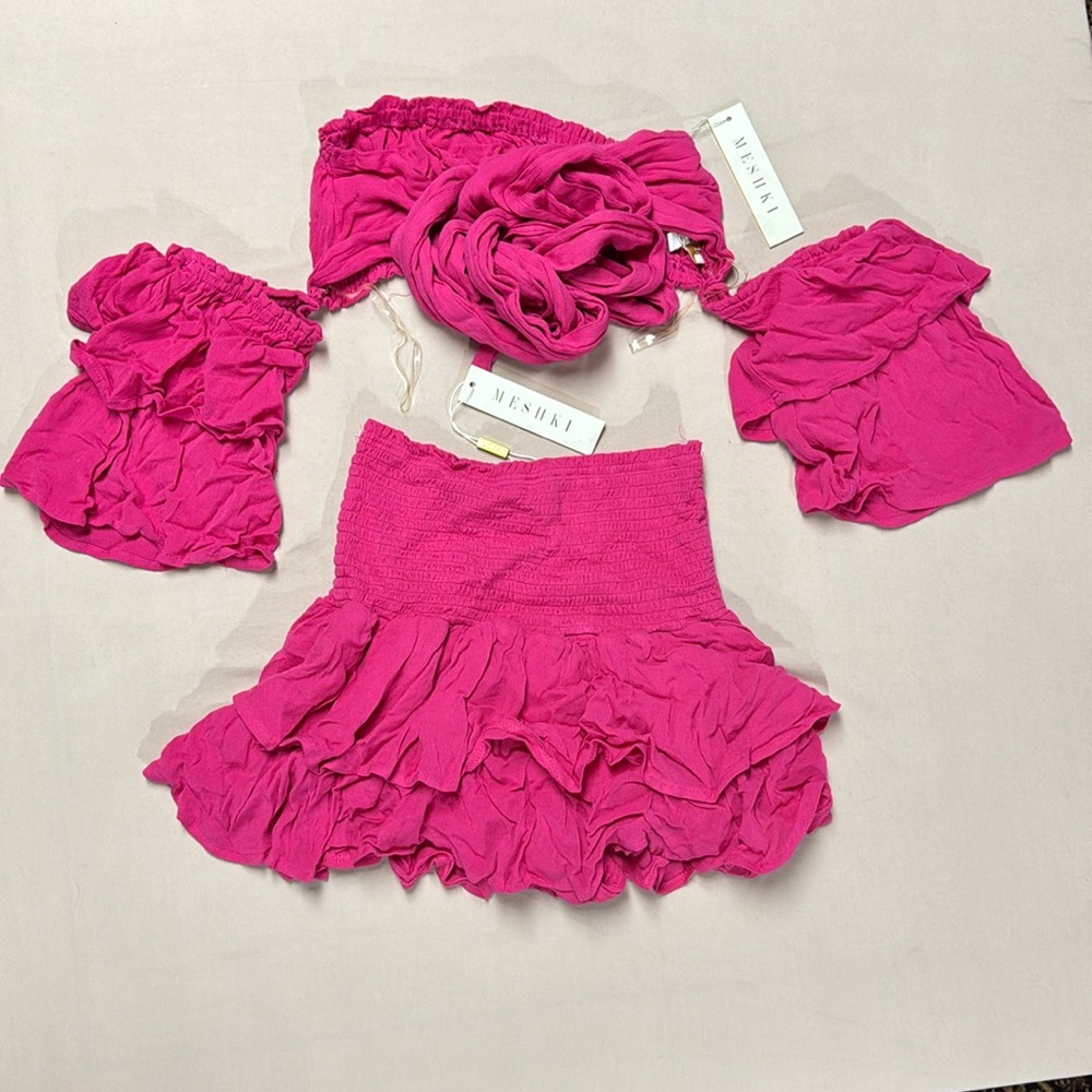 Meshki Hot Pink Two-Piece Set | NWT | Off Shoulder Top & Ruffle Skort